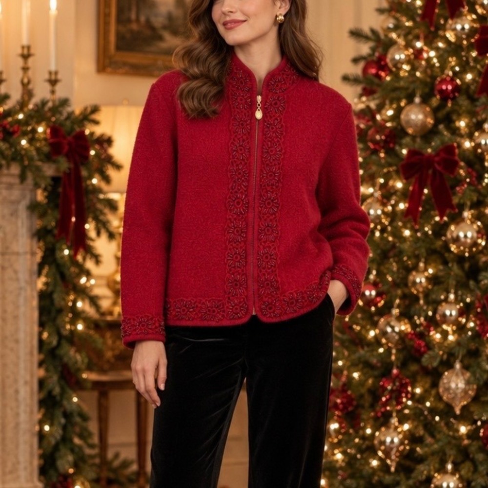 Vintage 90s Embroidered Beaded Floral 100% Red Boiled Wool Zip Jacket Large Mock